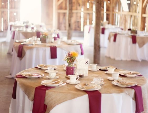 Barn burlap and burgundy wedding tablescape