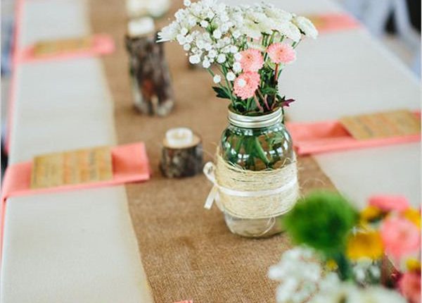 Buralap wedding table runner and wedding centerpieces