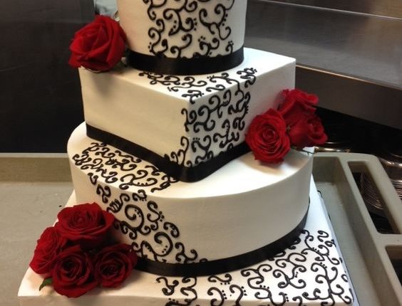 Red, White and Black square wedding cake