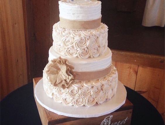Rustic Wedding Cake with Burlap and Buttercream Rosettes