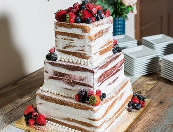 Semi-naked wedding cake idea – square, four-tier wedding cake with fresh berries