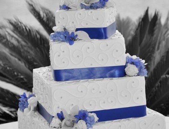 Square Wedding Cake with cobalt blue ribbon