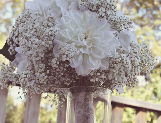 baby’s breath and artificial white dahlias & roses burlap wedding bouquet