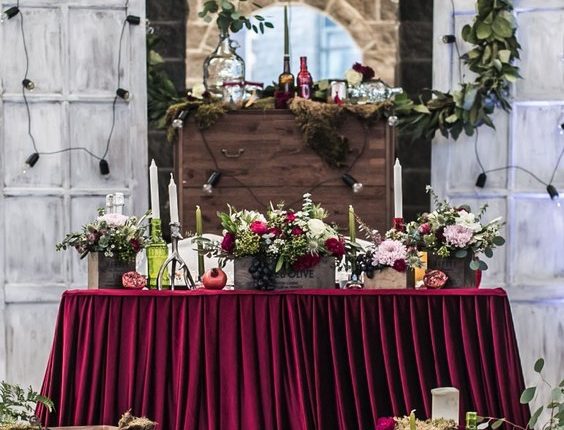 rustic country burgundy wedding sweetheart table 2