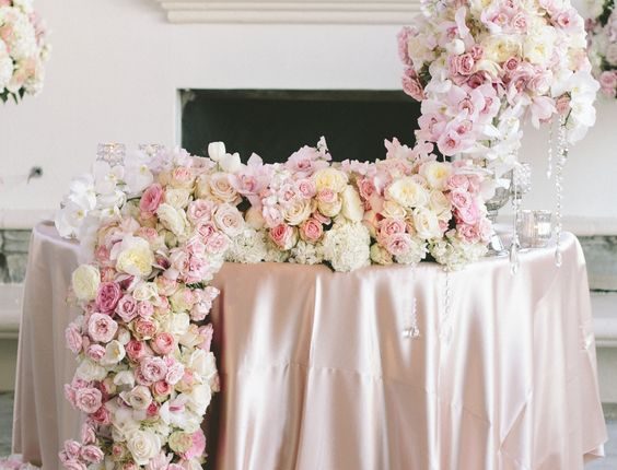 luxury rose pink and ivory round wedding sweetheart table