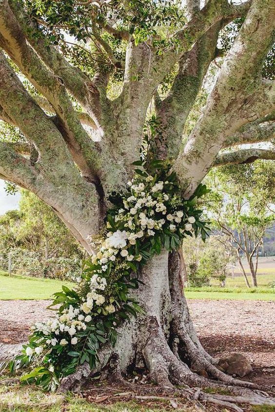 rustic backyard wedding decoration tall tall tree decorated with green and white flowers mondo floral designs
