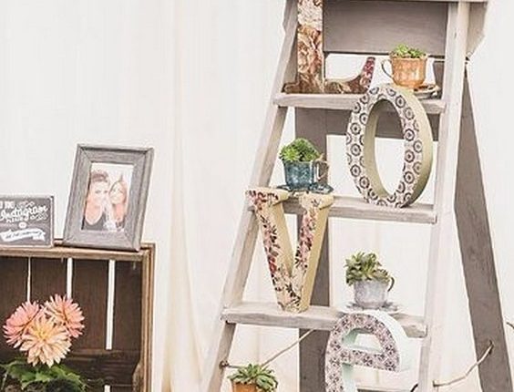 Vintage Wooden Step Ladders Wedding Prop with Love Sign & Tea Cups Filled with Succulents