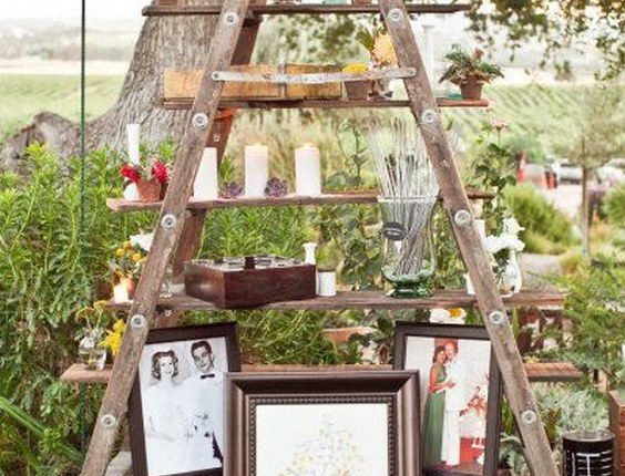 old photos, sparklers, candles, vintage ladder wedding decor