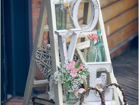 vintage white ladder wedding welcomr sign