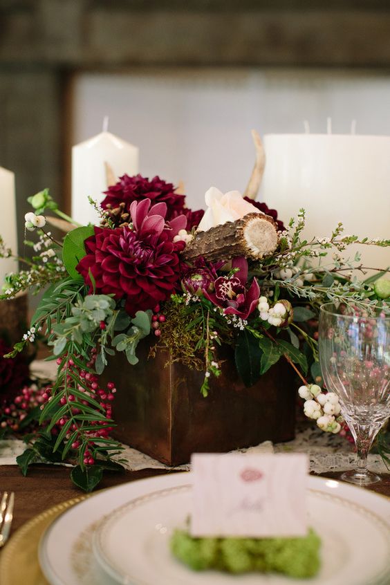 Rustic Wood and Antler Centerpiece with Burgundy Dahlias