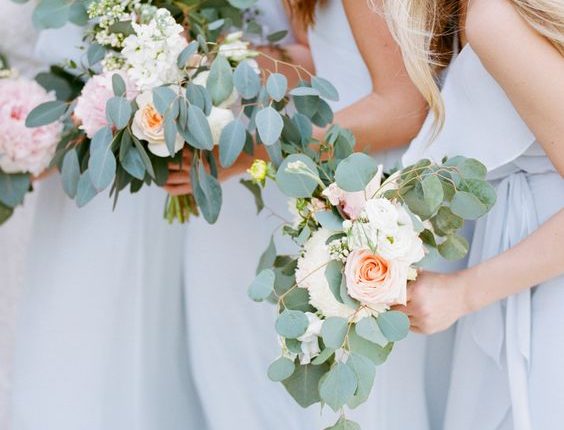 Rustic eucalyptus, garden rose and peony wedding bouquets