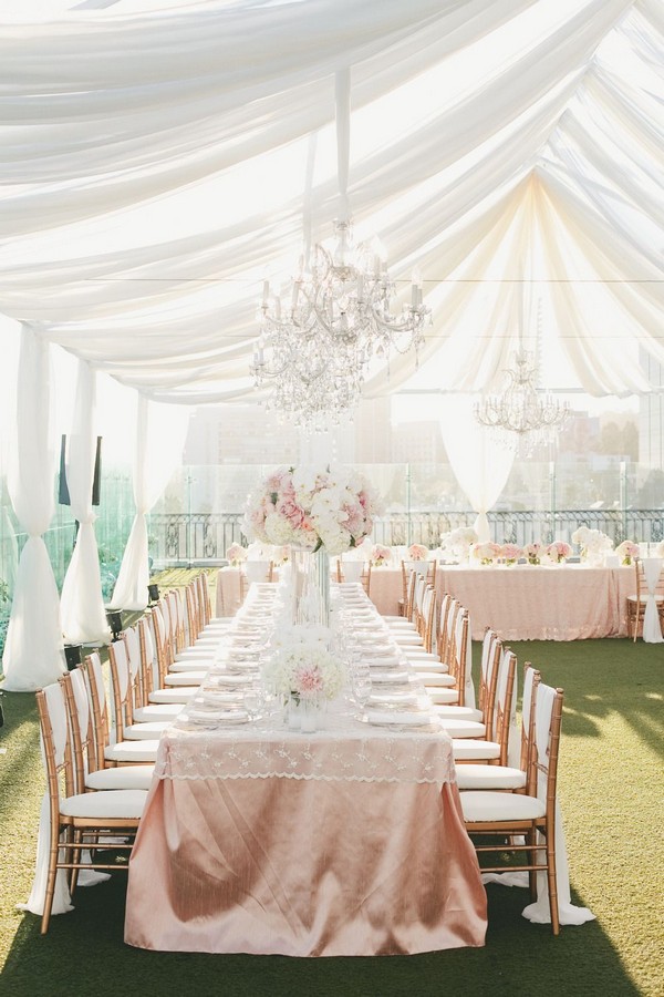 Elegant Tent Wedding Reception With Ivory Draping Fabric Roses