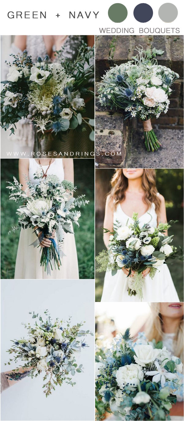 greenery and navy blue wedding bouquets