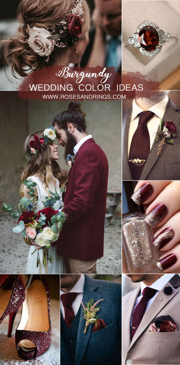 incorporate burgundy colors into your bridal makeupbridal accessories and groom attire