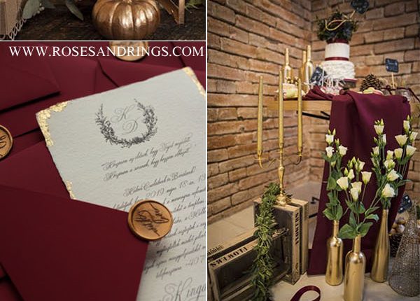 maroon red and glitter gold winter wedding color ideas