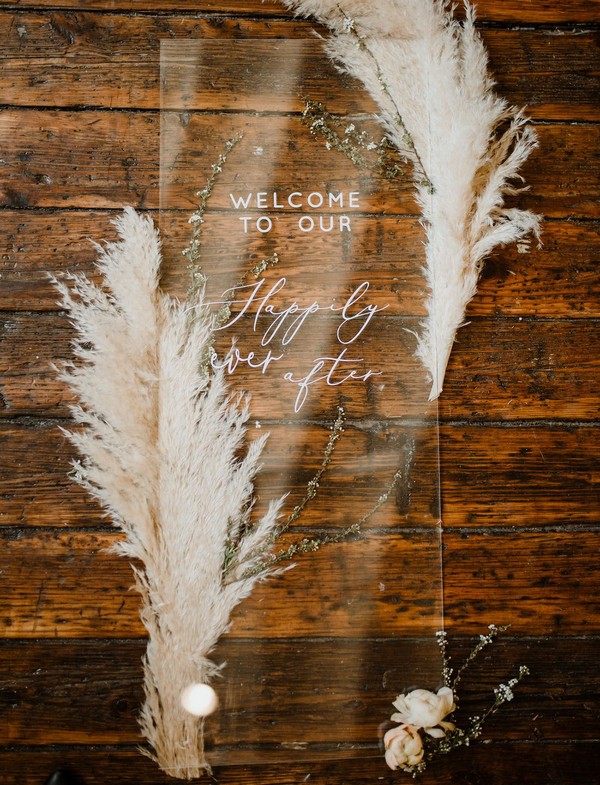 acrylic wedding weclome signage with pamper grass