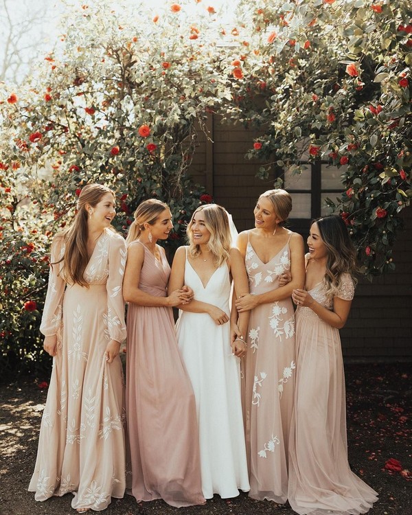 bhldn mismatched blush and lace long sleeves bridesmaid dresses