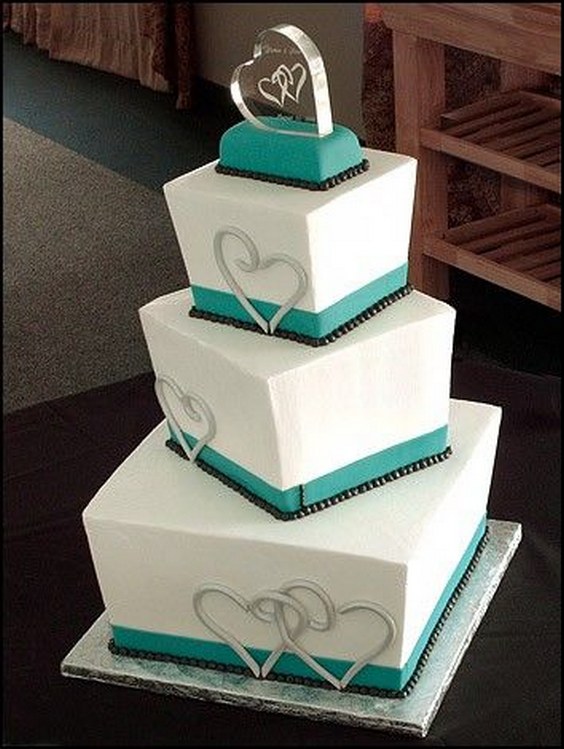 3-tier teal and black square wedding cake