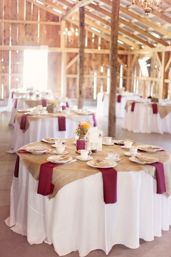 Barn burlap and burgundy wedding tablescape