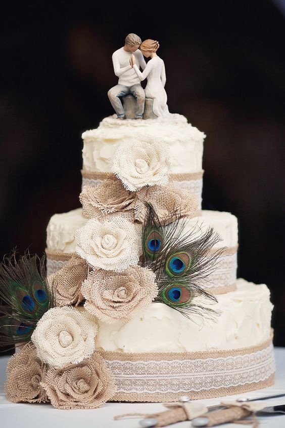 Burlap flowers peacock feathers burlap ribbon with lace wedding cake