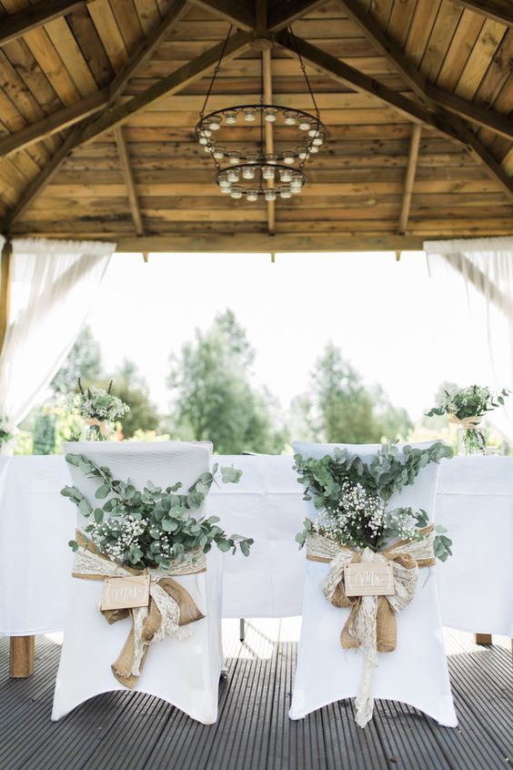 Chairs Bride Groom Foliage Greenery Hessian Lace Decor