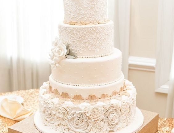Elegant Cream and Gold Lace Wedding Cake With Sugar Flowers