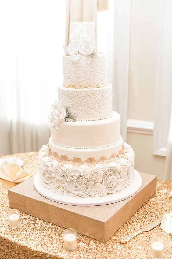 Elegant Cream and Gold Lace Wedding Cake With Sugar Flowers