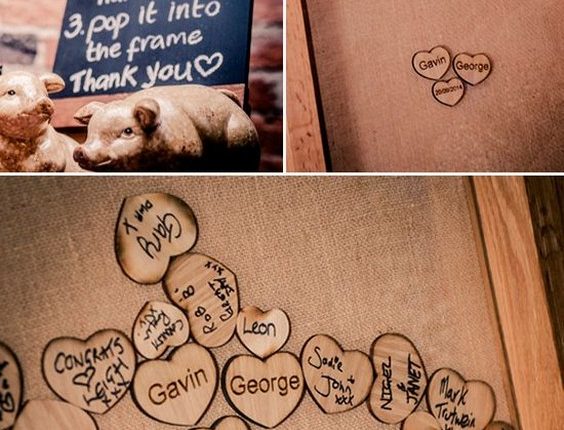 Guests write on wooden hearts with a sharpie pen