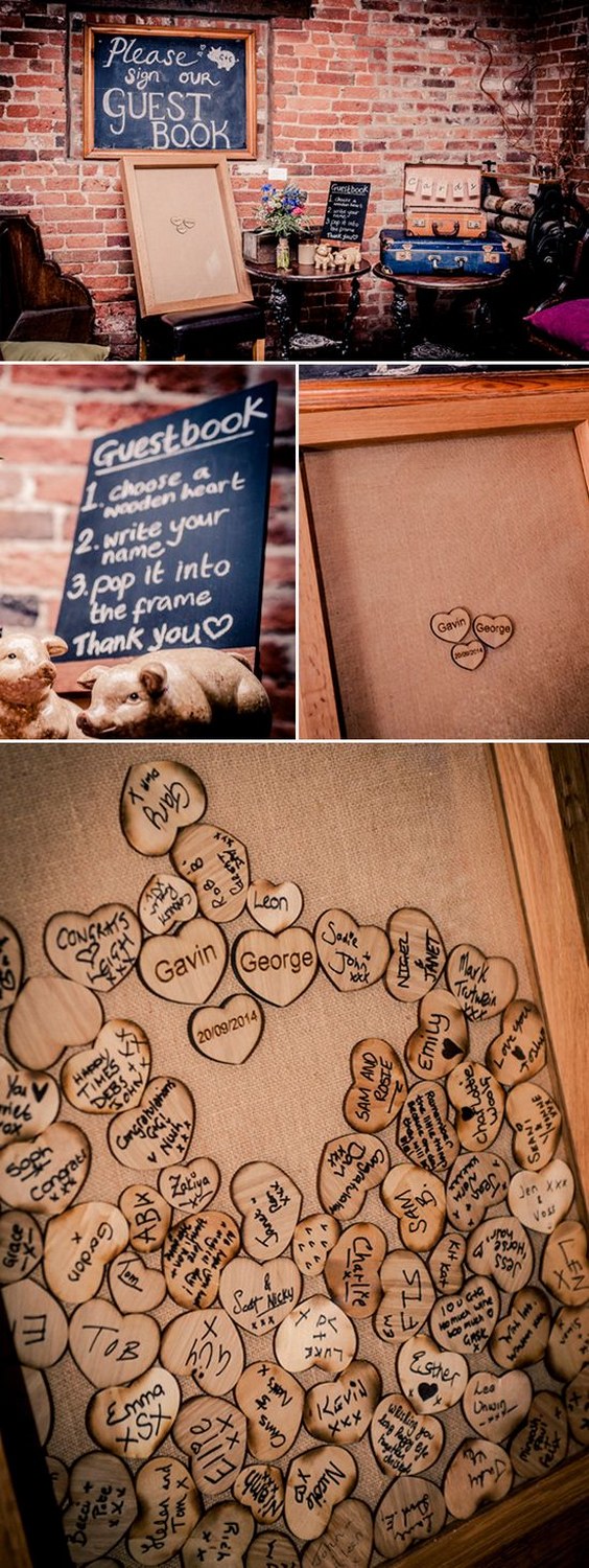 Guests write on wooden hearts with a sharpie pen