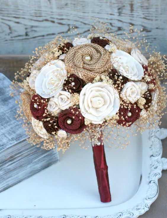 Handmade Maroon Rustic Heirloom Bride's Wedding Bouquet