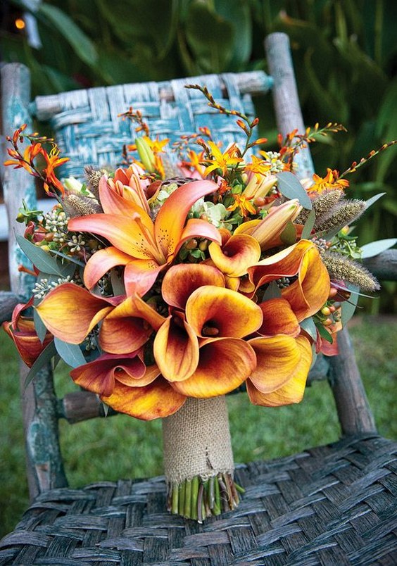 Lilies and burlap fall wedding bouquet