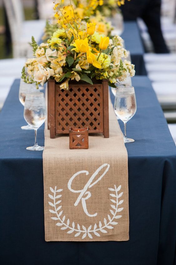 Monogram burlap table runner for the wedding reception
