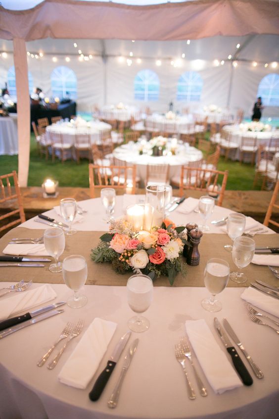 Peach and Pink Floral and Burlap Reception Decor