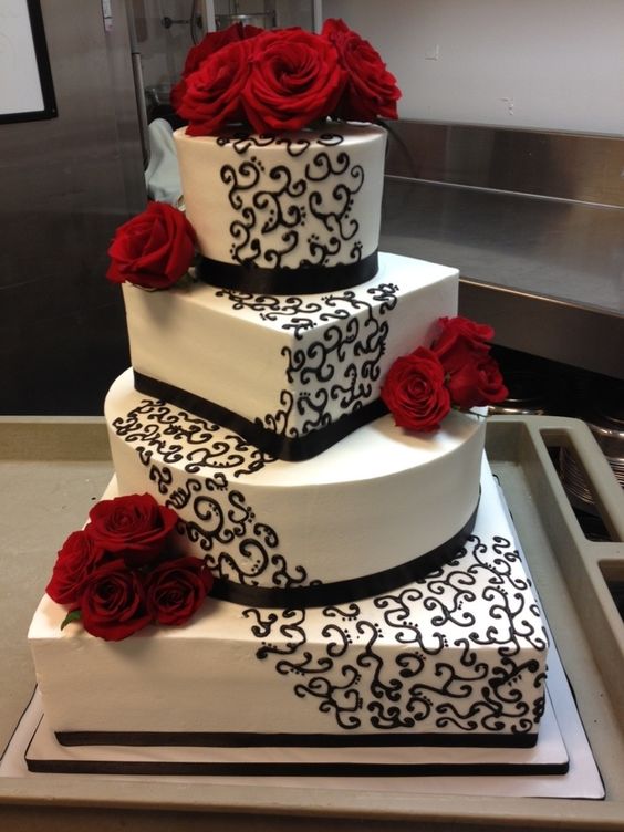 Red, White and Black square wedding cake