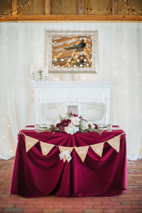 Rustic Barn Wedding Bride and Groom Sweetheart Table with Burlap Pennant Sign