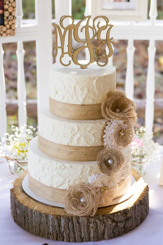 Rustic Burlap and Lace Wedding Cake