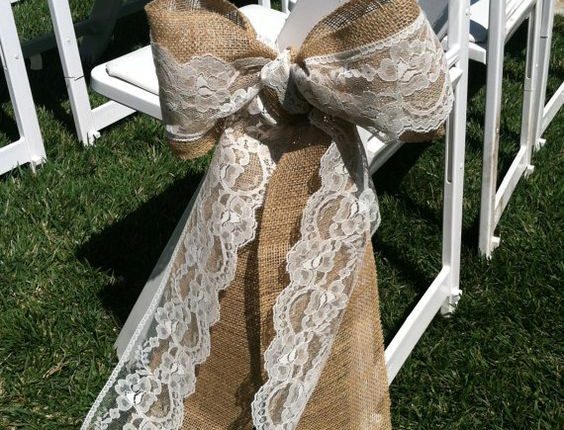 Rustic Burlap and Lace Wedding Chair back bows Aisle Decoration
