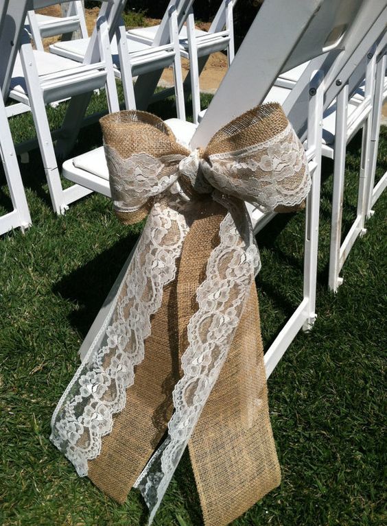 Rustic Burlap and Lace Wedding Chair back bows Aisle Decoration