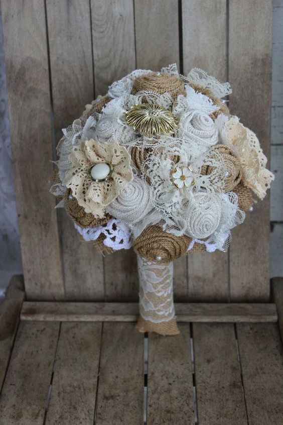 Rustic Glam Burlap Bridal Brooch Bouquet with vintage brooches, lace and burlap flowers