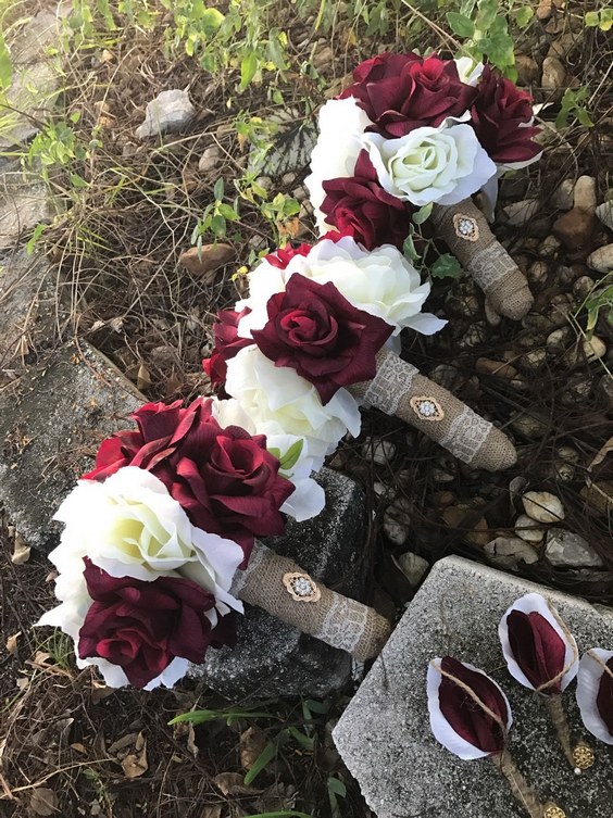 Rustic Shabby burlap toss bridesmaids Burgundy Ivory wedding bouquet
