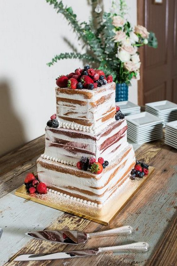 Semi-naked wedding cake idea - square, four-tier wedding cake with fresh berries