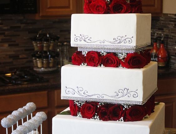 Square Tiered Wedding Cake with Roses & Babies Breath