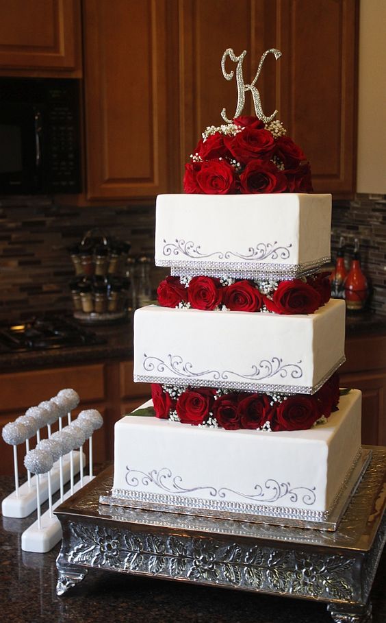 Square Tiered Wedding Cake with Roses & Babies Breath