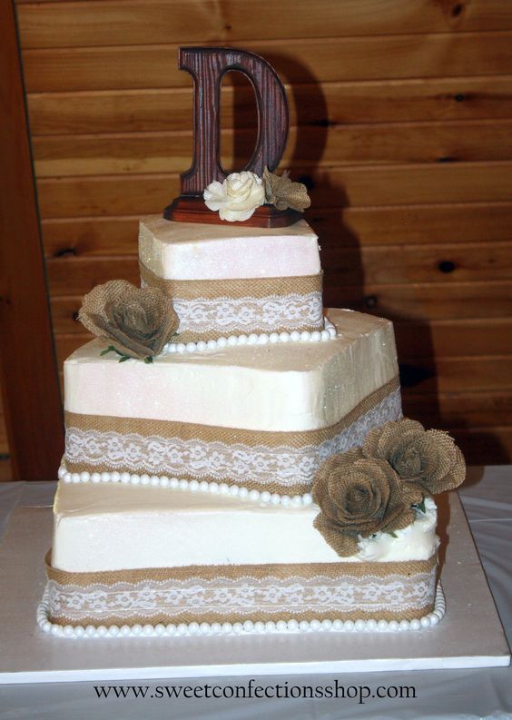 Square Vintage Burlap and Lace wedding cake