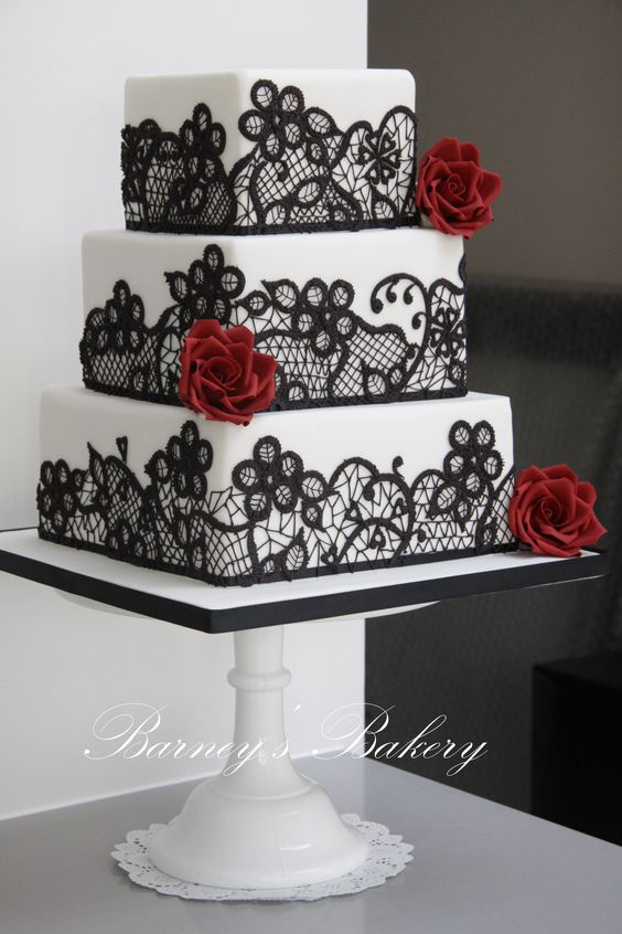 Square Wedding Cakes - Black, red and white wedding cake