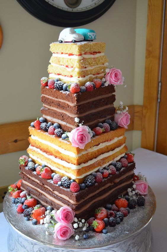 Square naked wedding cake with Beetle car and VW camper can toppers
