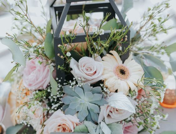 Wedding Reception Floral Arrangement Centerpiece in Lantern and Succulent