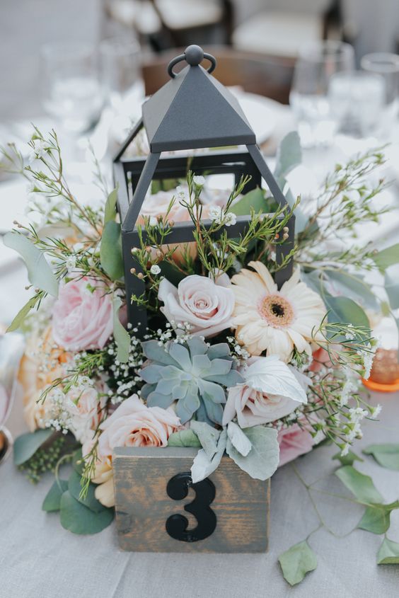 Wedding Reception Floral Arrangement Centerpiece in Lantern and Succulent