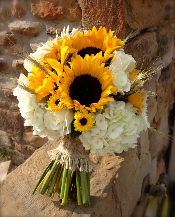 White Hydrangea and Yellow Sunflowers Wedding Bouquet