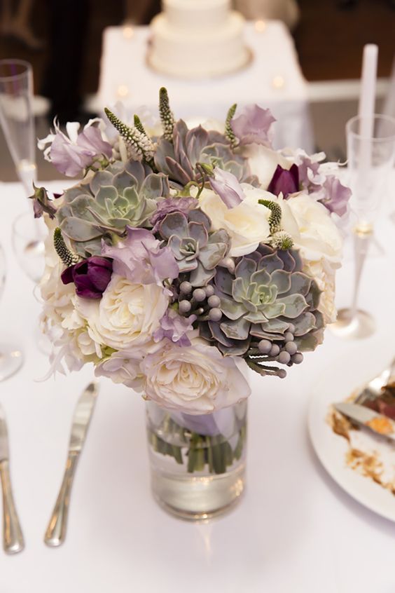 White green and lavender bouquet with succulents and garden roses